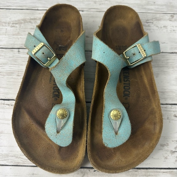 Birkenstock Shoes - Birkenstock Women’s Gizeh Washed Metallic Aqua Thong Flip Flop Sandal Size 37